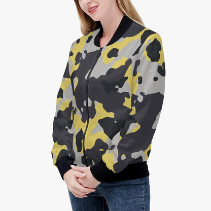 Women's Camo Bomber Jacket | Yellow, Black and Silver Camouflage