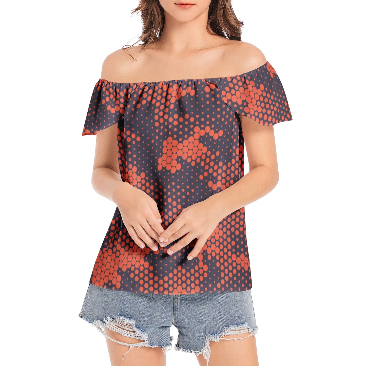 Off The Shoulder Camo Top | Orange and Blue Digital Camouflage