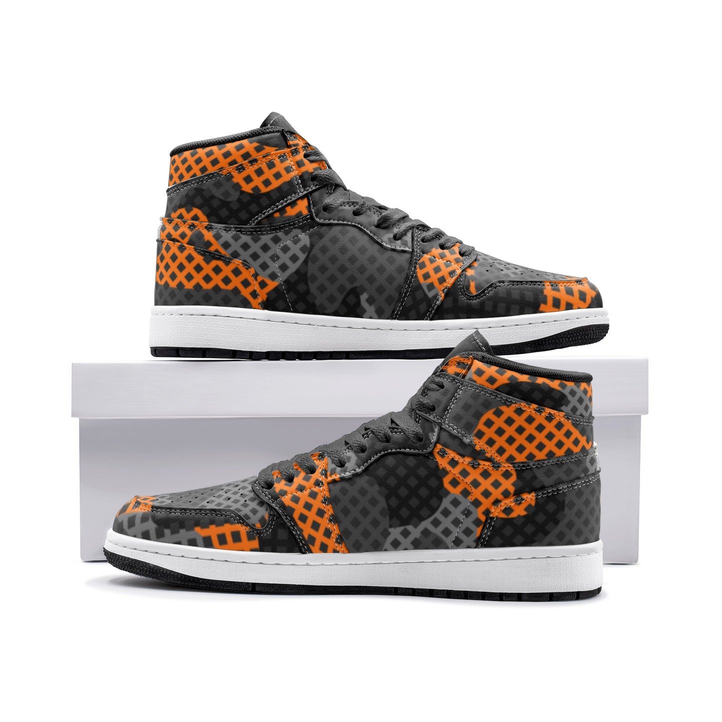 Camo Sneakers | High-Top | Black & Orange Pixel Camouflage