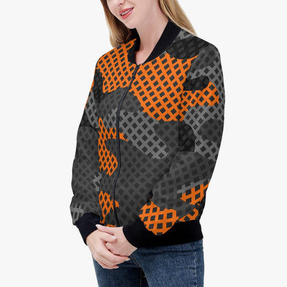 Women's Camo Bomber Jacket | Black & Orange Pixel Camouflage