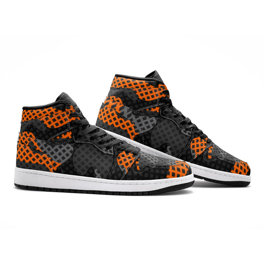 Camo Sneakers | High-Top | Black & Orange Pixel Camouflage