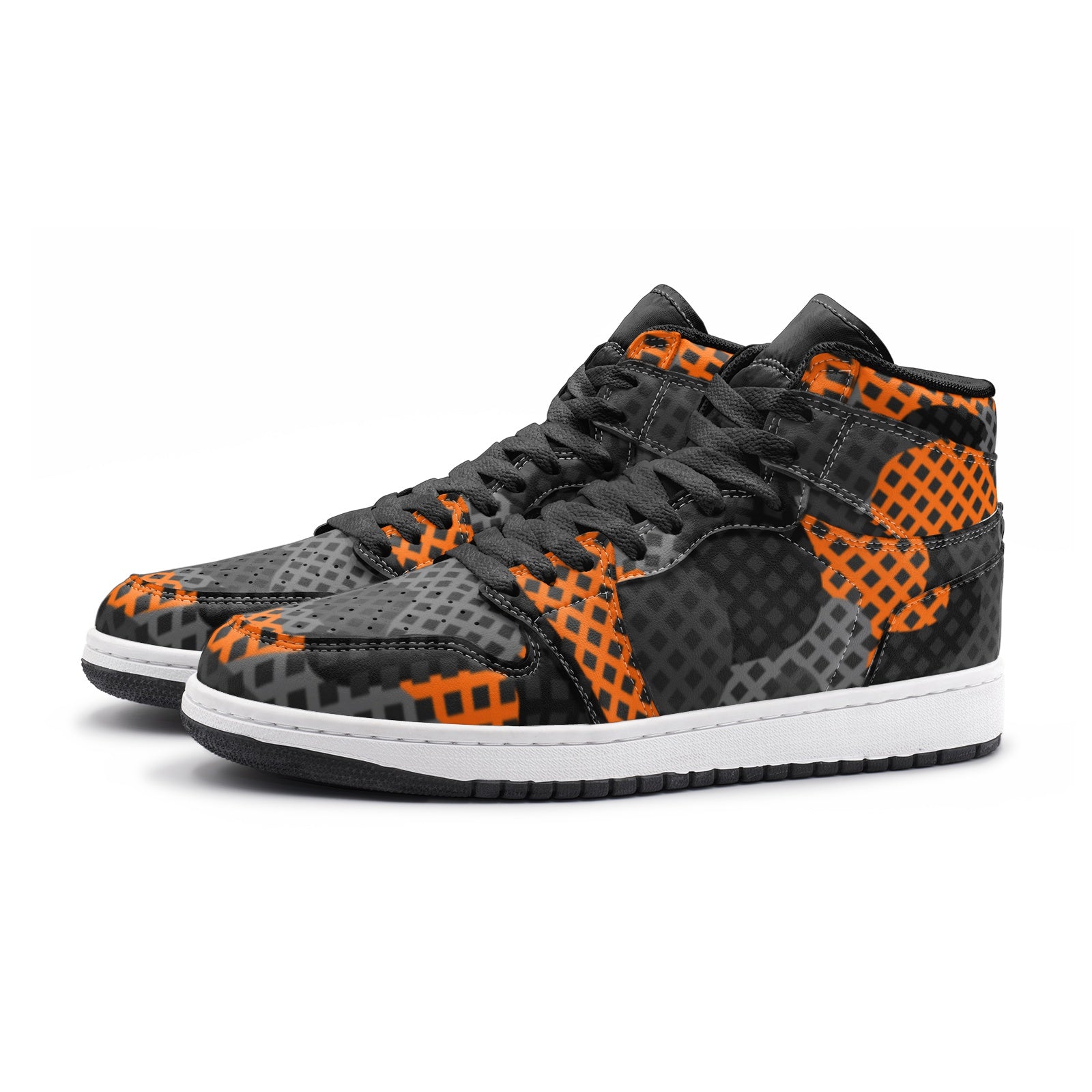 Camo Sneakers | High-Top | Black & Orange Pixel Camouflage