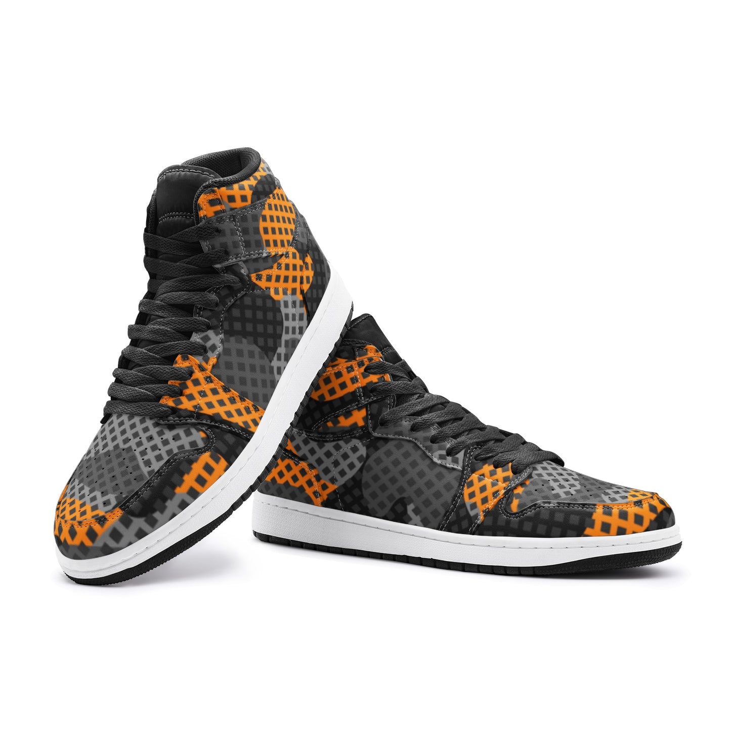 Camo Sneakers | High-Top | Black & Orange Pixel Camouflage