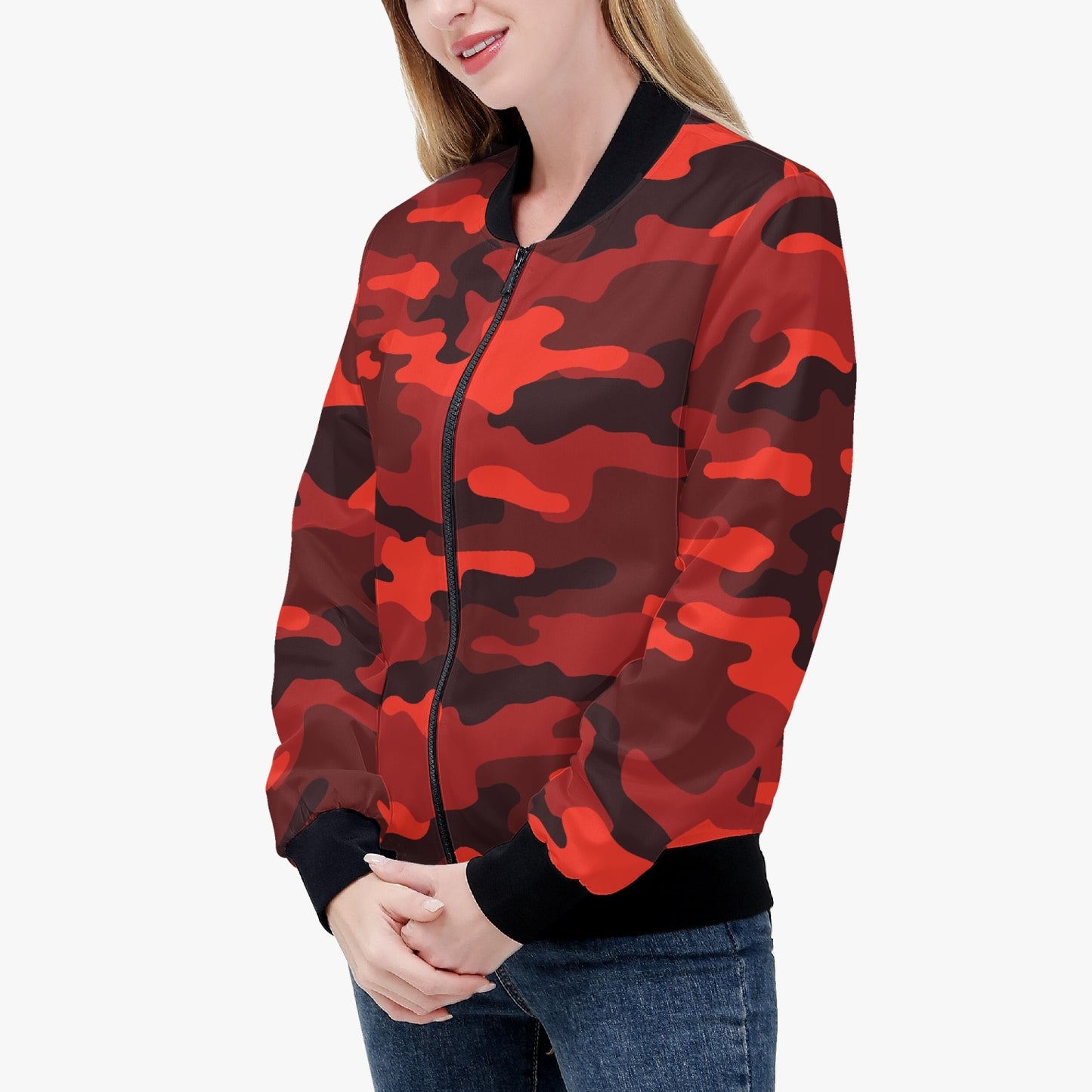 Women's Camo Bomber Jacket | Scarlet Red and Black