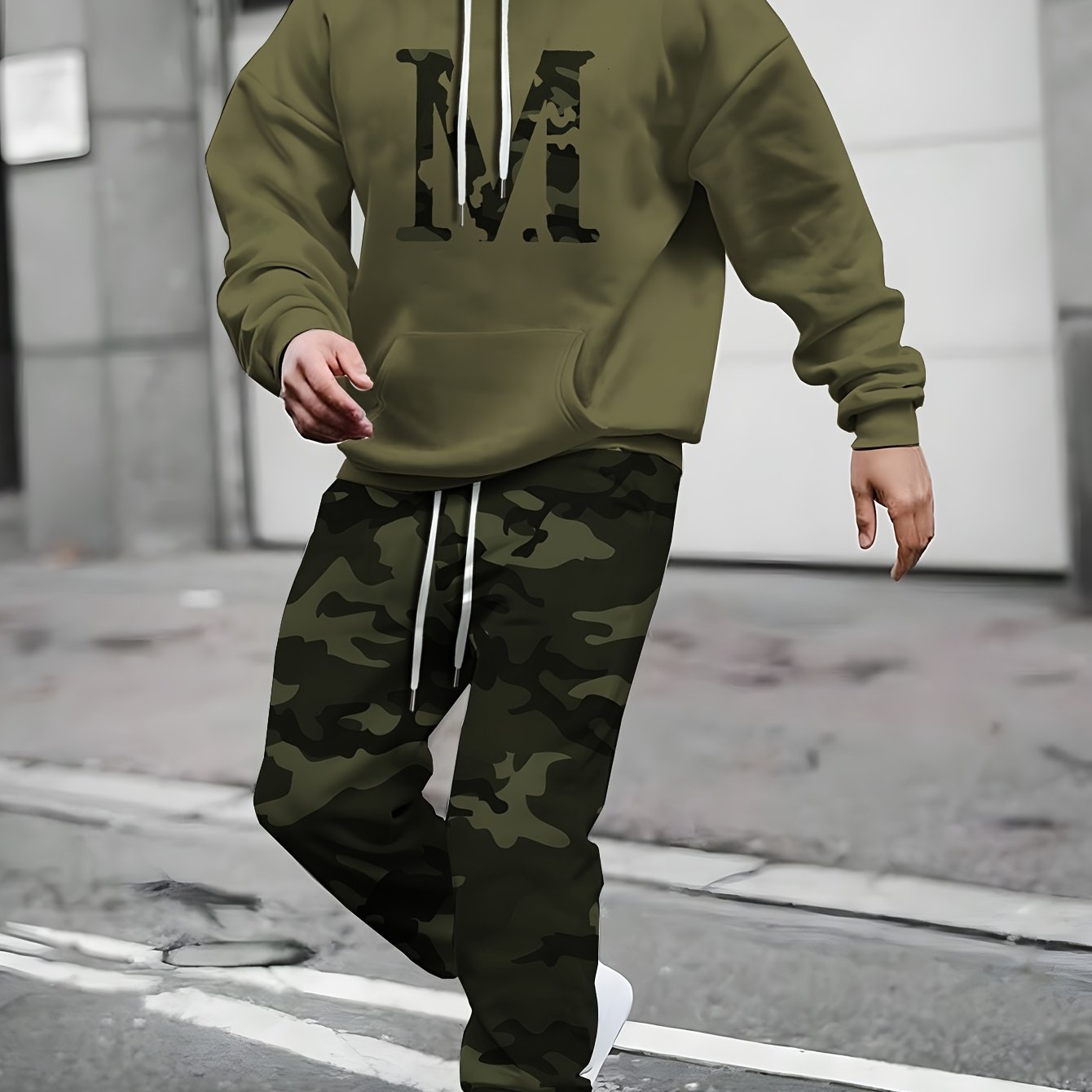 2pcs Plus Size Men'S Casual Set | Camo Hoodie and Joggers