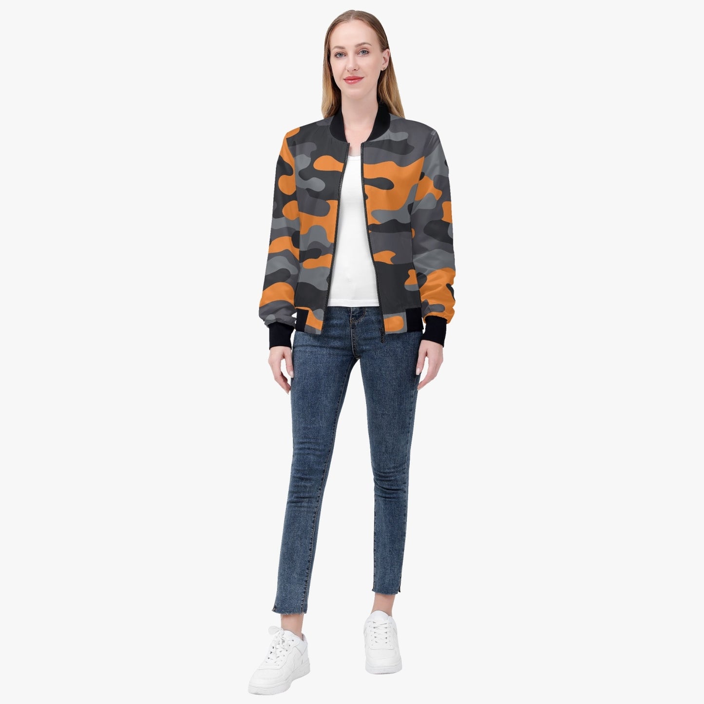 Women's Camo Bomber Jacket | Orange, Black, and Gray Camouflage