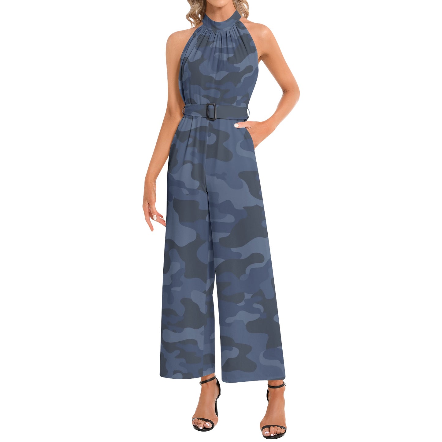 Camo Jumpsuit | Belted Halter Neck | Deep Blue Camouflage