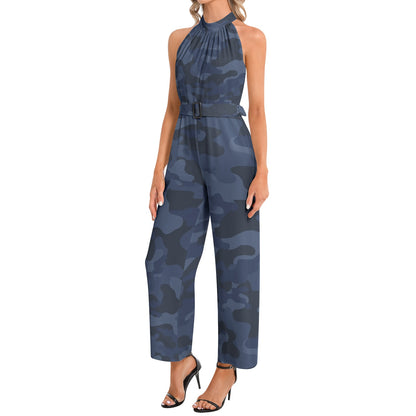 Camo Jumpsuit | Belted Halter Neck | Deep Blue Camouflage