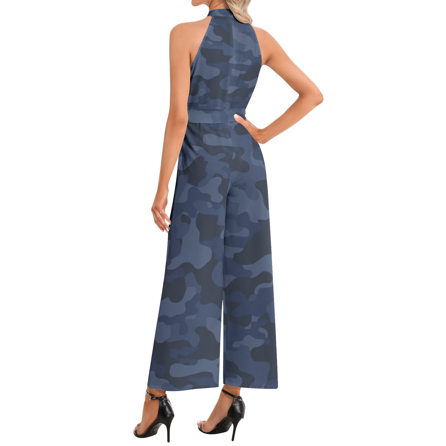 Camo Jumpsuit | Belted Halter Neck | Deep Blue Camouflage