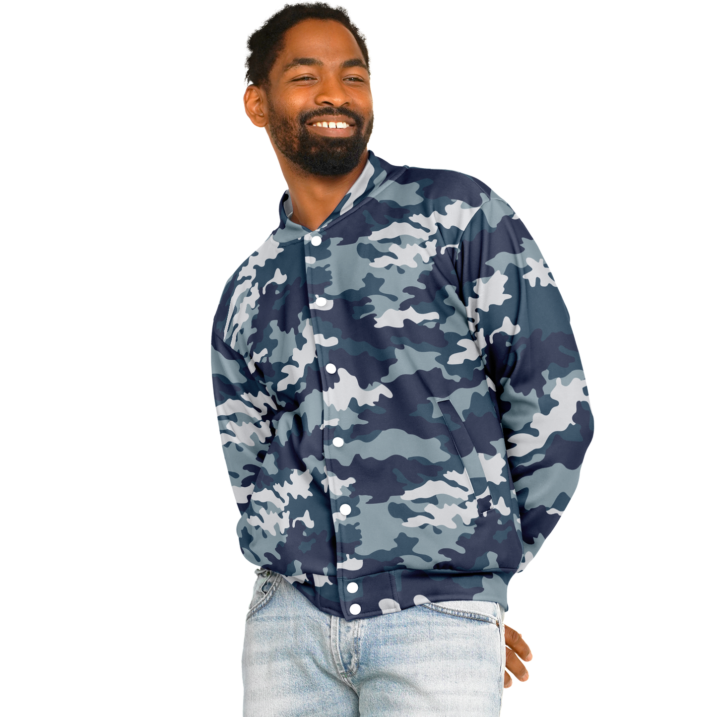 Baseball Jacket in Navy Blue Camouflage Print