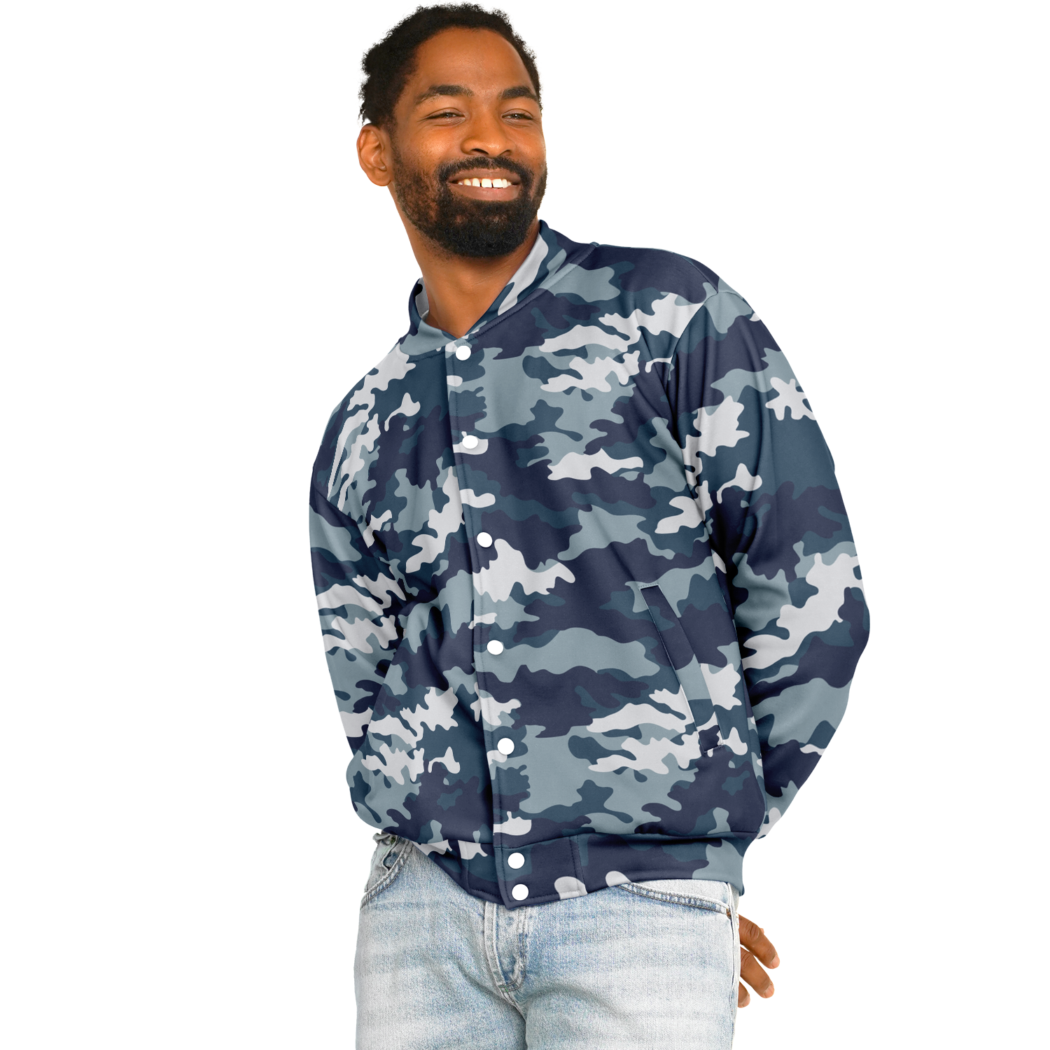 Baseball Jacket in Navy Blue Camouflage Print