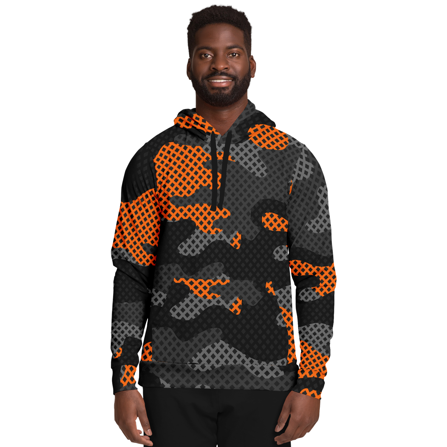 Camo Hoodie | Black & Orange Pixel Camouflage Pullover