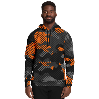 Camo Hoodie | Black & Orange Pixel Camouflage Pullover