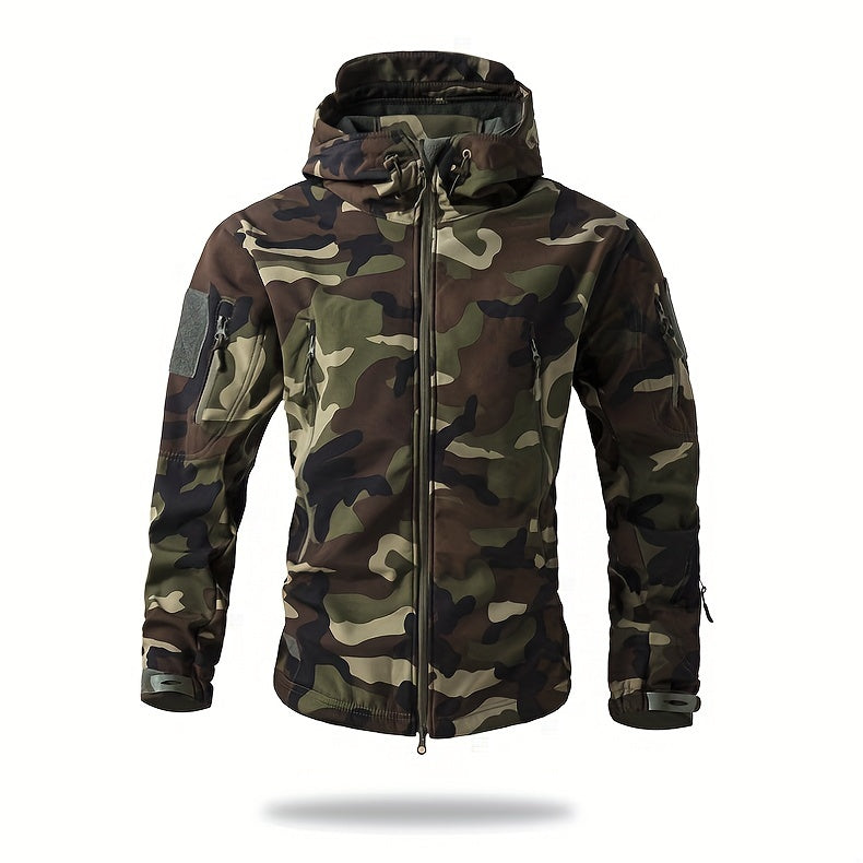 Men's Tactical Camo Windbreaker | Waterproof, Mid-Length Military Jacket with Hood