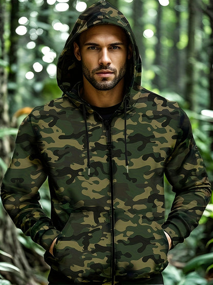 Men's Camo Softshell Hoodie: Zip-Up, Kangaroo Pockets, Sports Style