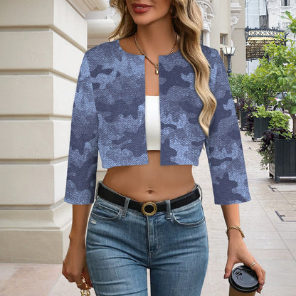 Camo Blazer | Cropped Open Front | Denim Blue Camouflage