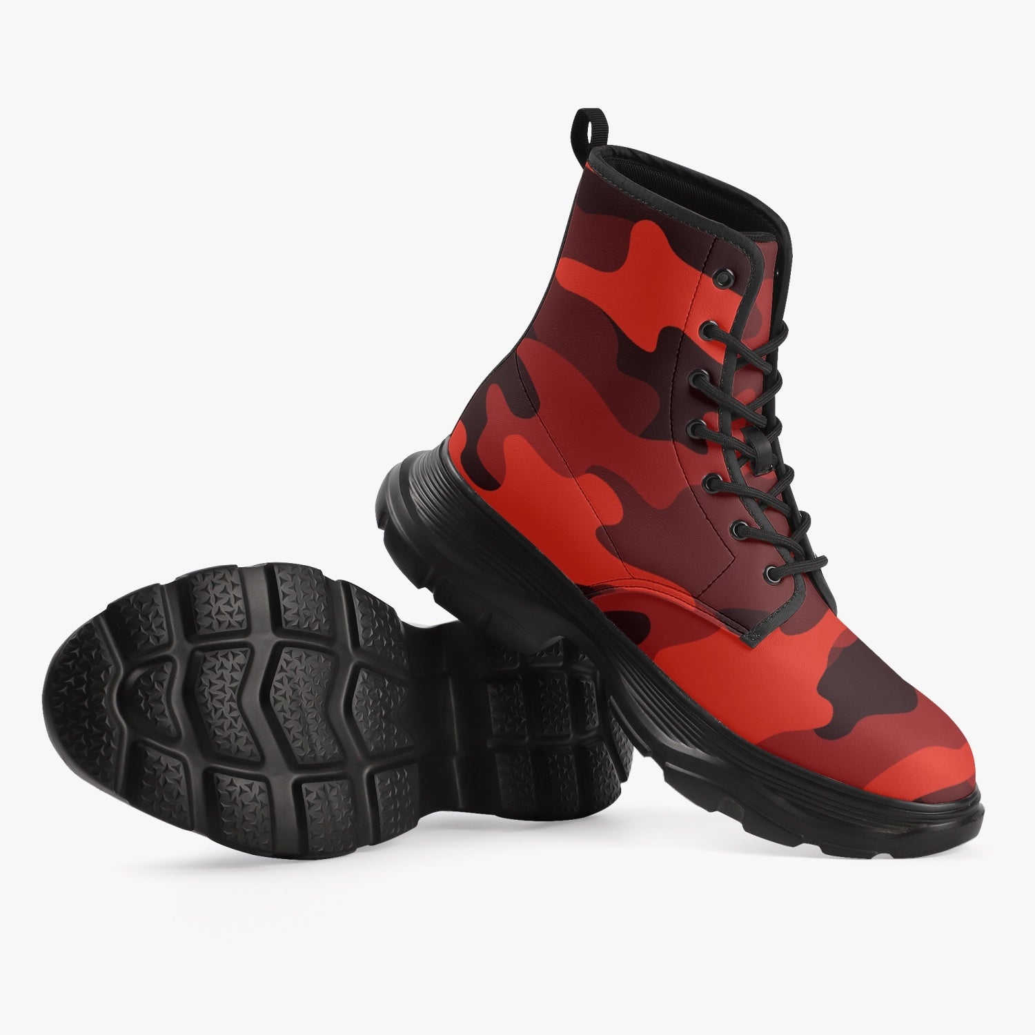 Chunky Boots | Leather in Scarlet Red & Black Camouflage