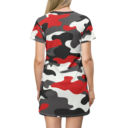 Camo T-Shirt Dress | Red, Black, and White Camouflage