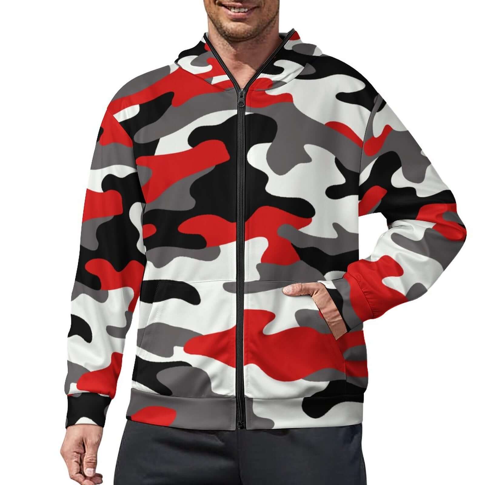 Zip up Camo Hoodie | Red, Black & White Camouflage