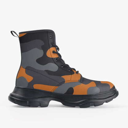 Chunky Boots | Leather in Orange, Black, & Gray Camouflage