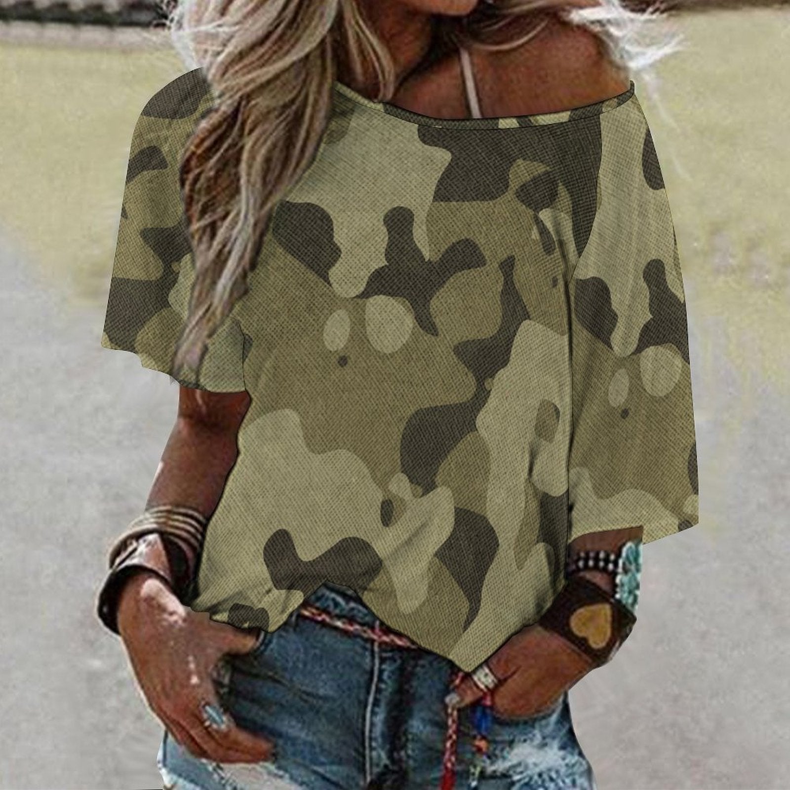 Off The Shoulder Top | Green Fabric Camouflage