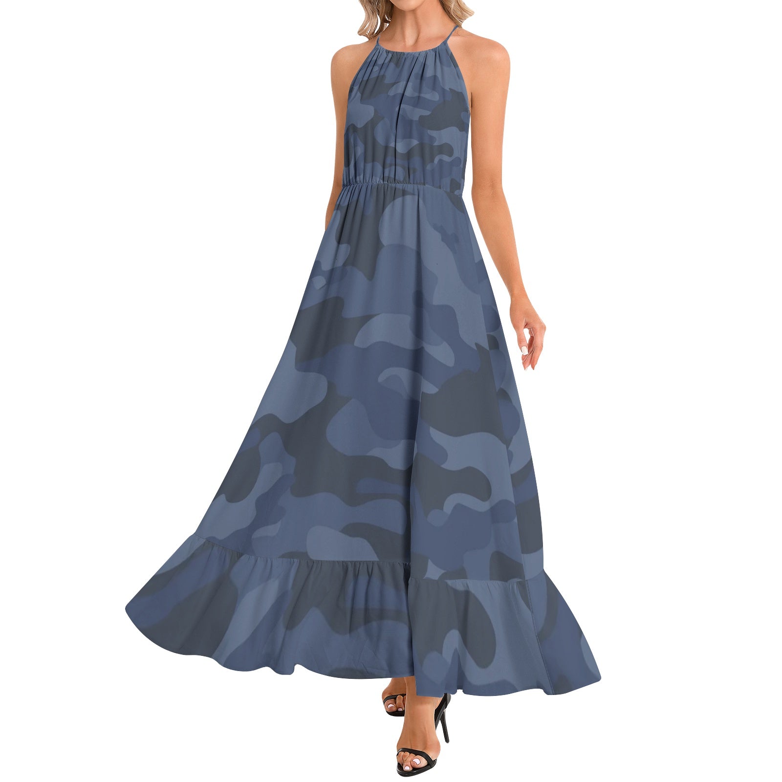 Camo Maxi Dress | Deep Blue Camouflage | Ruffle Hem