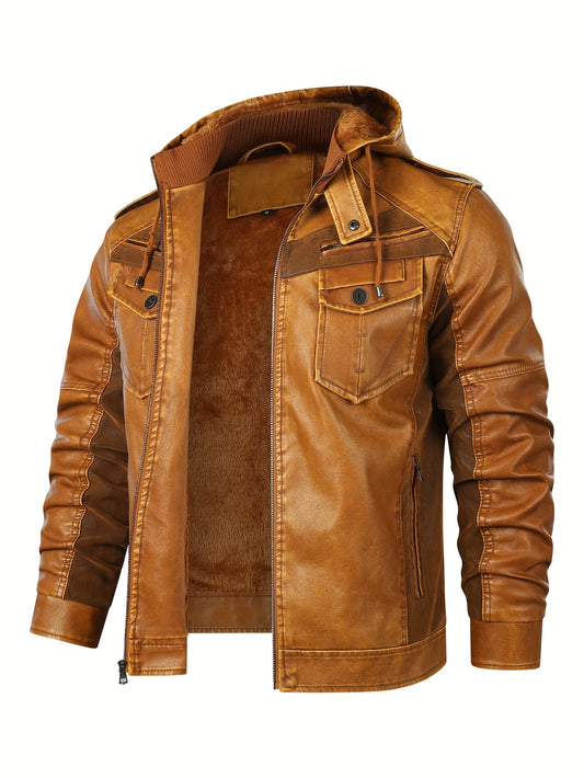 Faux Leather Hooded Jacket | Men's Zippered Motorcycle Coat