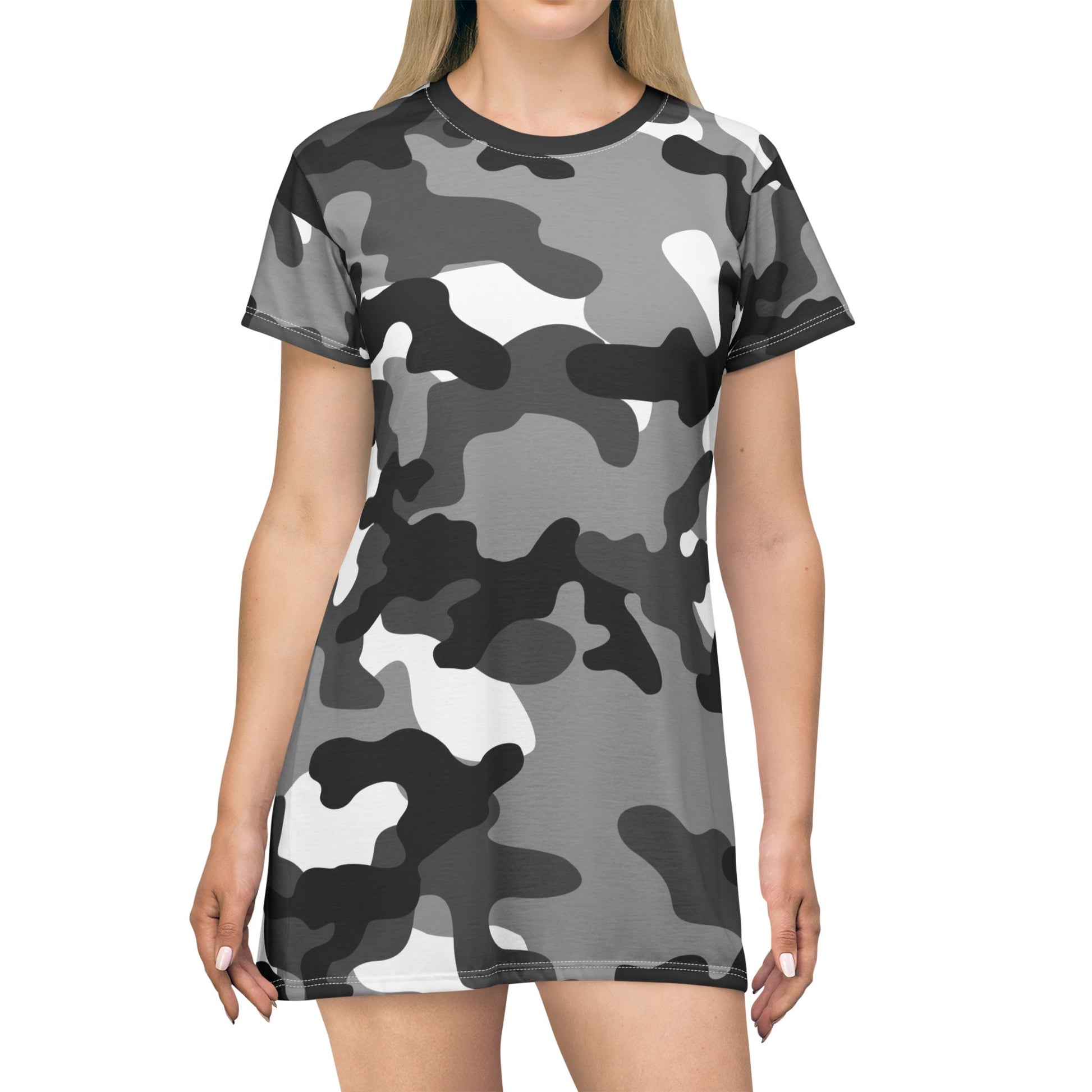 Camo T-Shirt Dress | Gray, Black, and White Camouflage