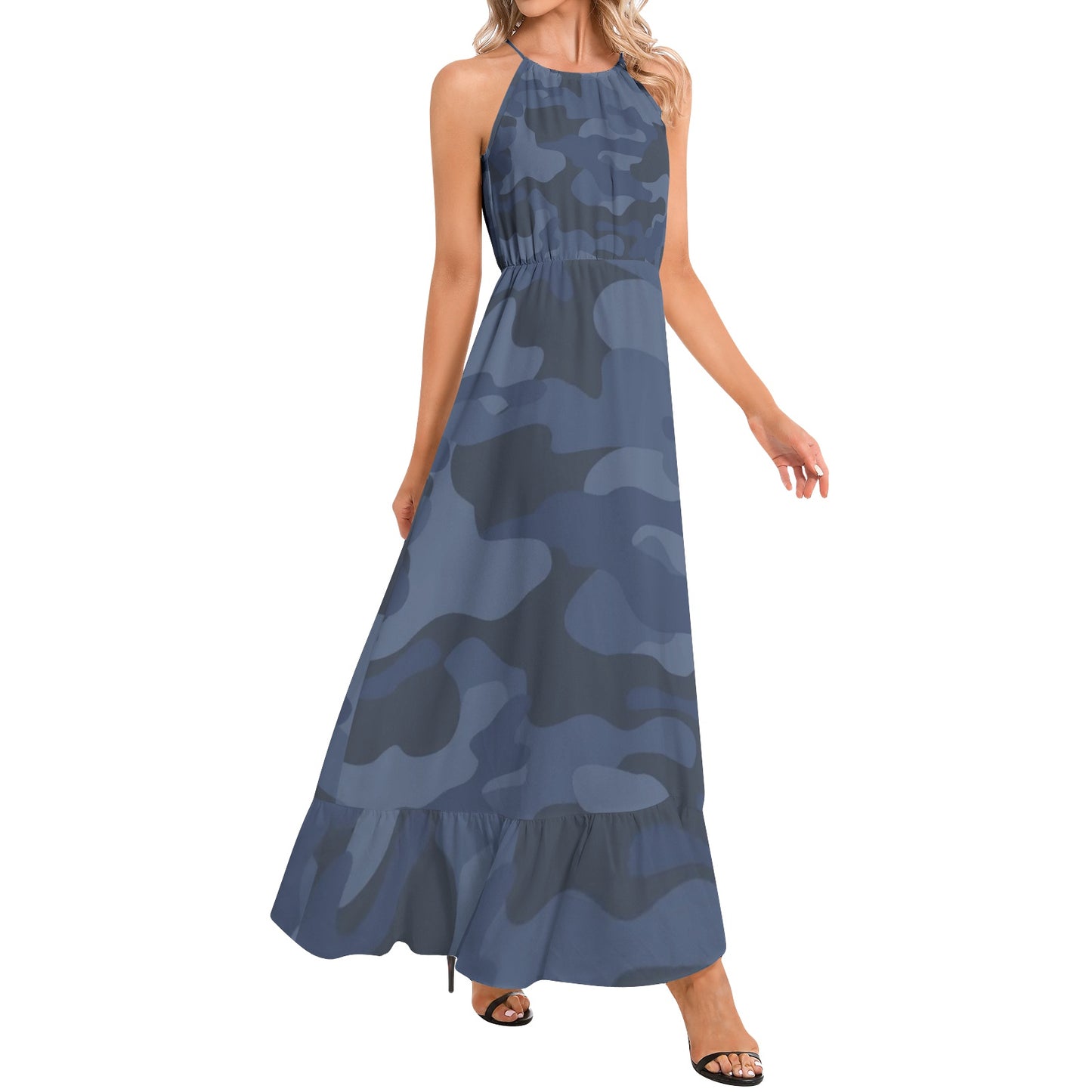 Camo Maxi Dress | Deep Blue Camouflage | Ruffle Hem