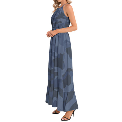 Camo Maxi Dress | Deep Blue Camouflage | Ruffle Hem