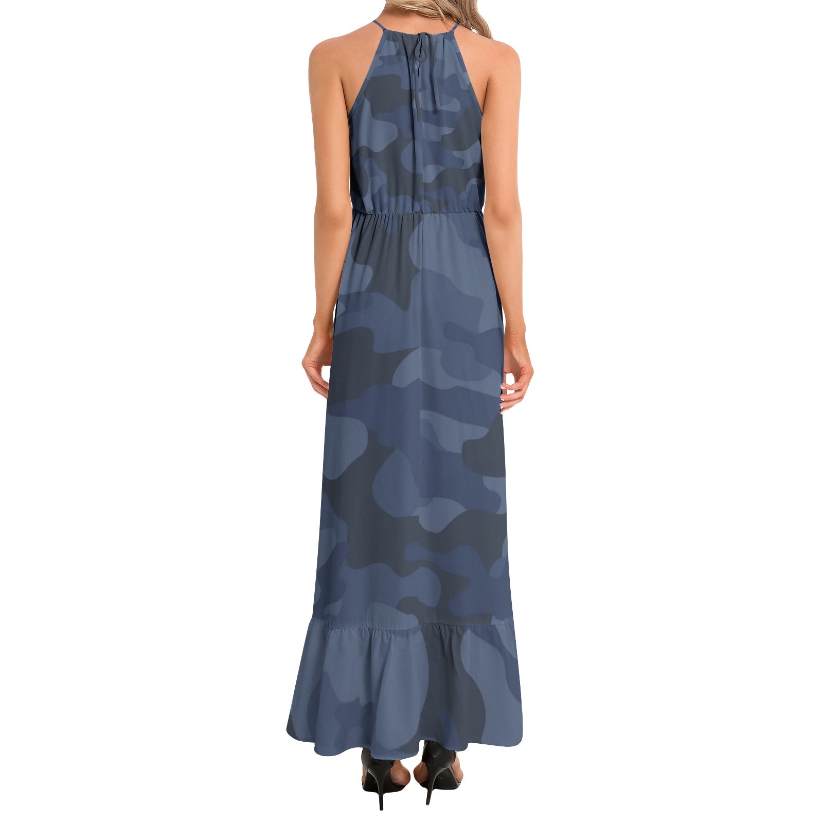 Camo Maxi Dress | Deep Blue Camouflage | Ruffle Hem