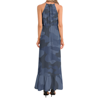 Camo Maxi Dress | Deep Blue Camouflage | Ruffle Hem