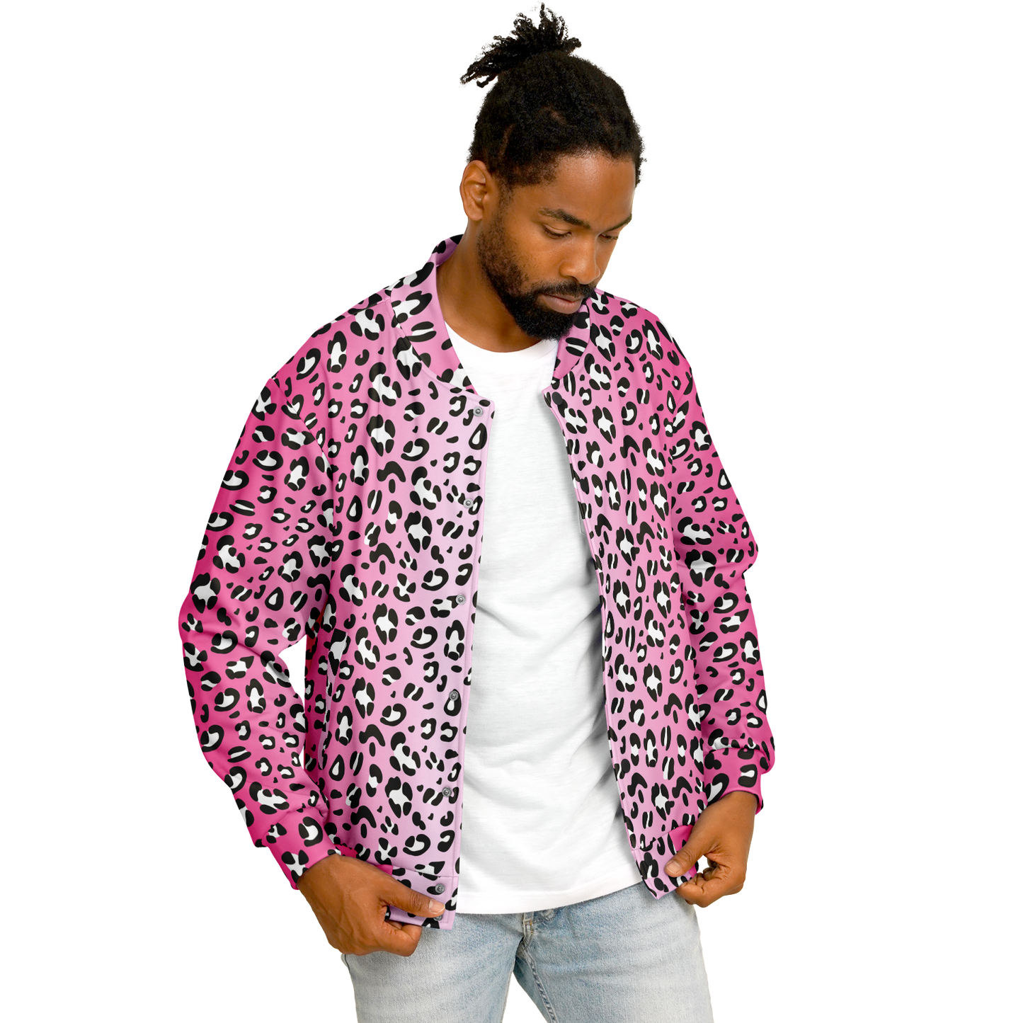 Baseball Jacket in Pink, Black & White Leopard Pattern