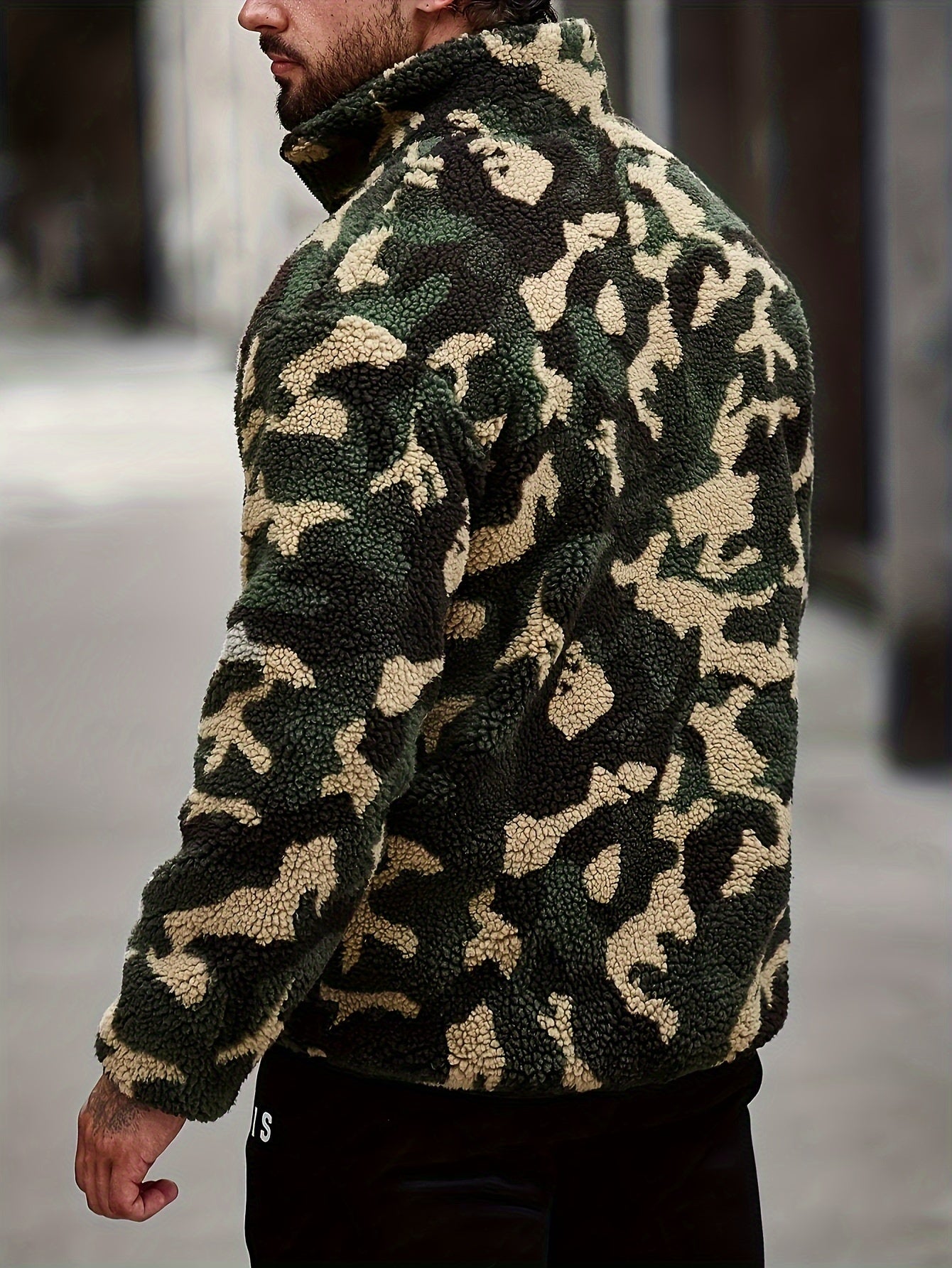 Camouflage Pattern Polar Fleece Jacket, Men's Casual Lapel Coat For Fall Winter