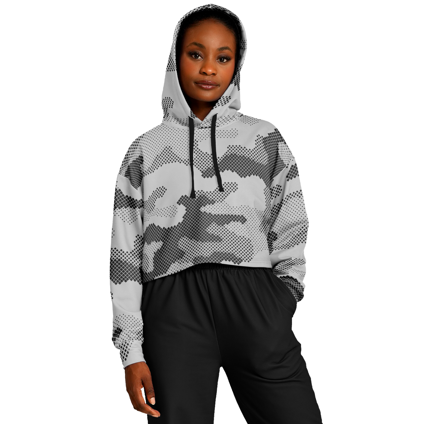 Cropped Hoodie For Women | Black & White Digital Dotted