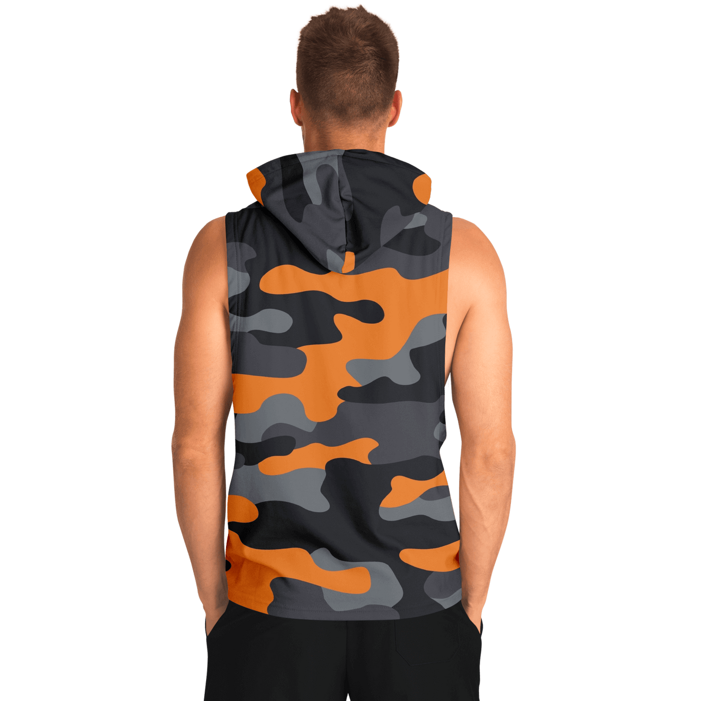 Sleeveless Hoodie | Orange, Gray & Black Camouflage