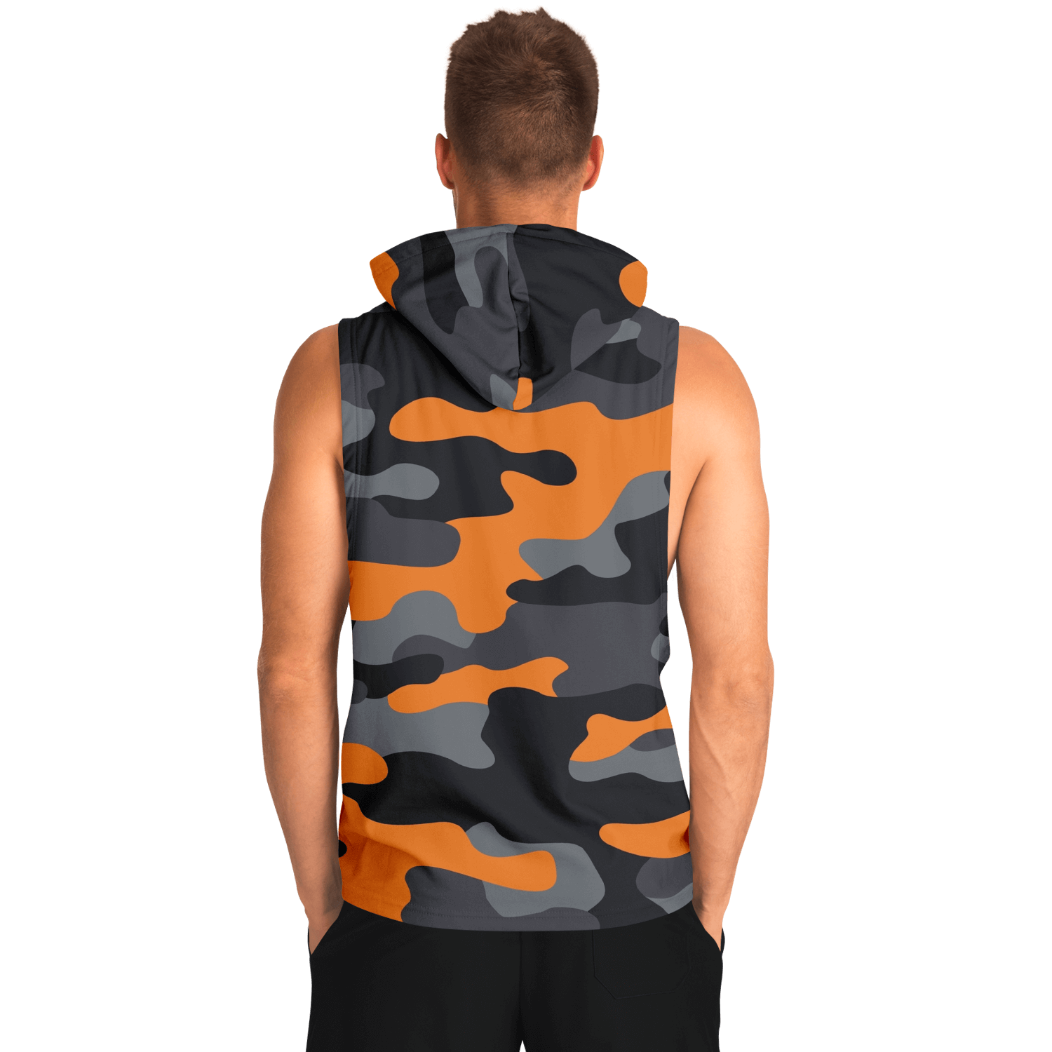 Sleeveless Hoodie | Orange, Gray & Black Camouflage