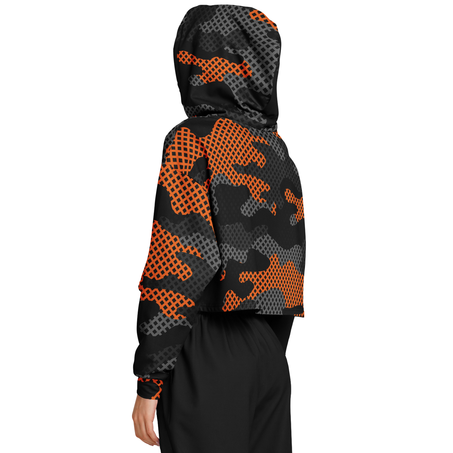 Cropped Hoodie For Women | Black & Orange Pixel Camo