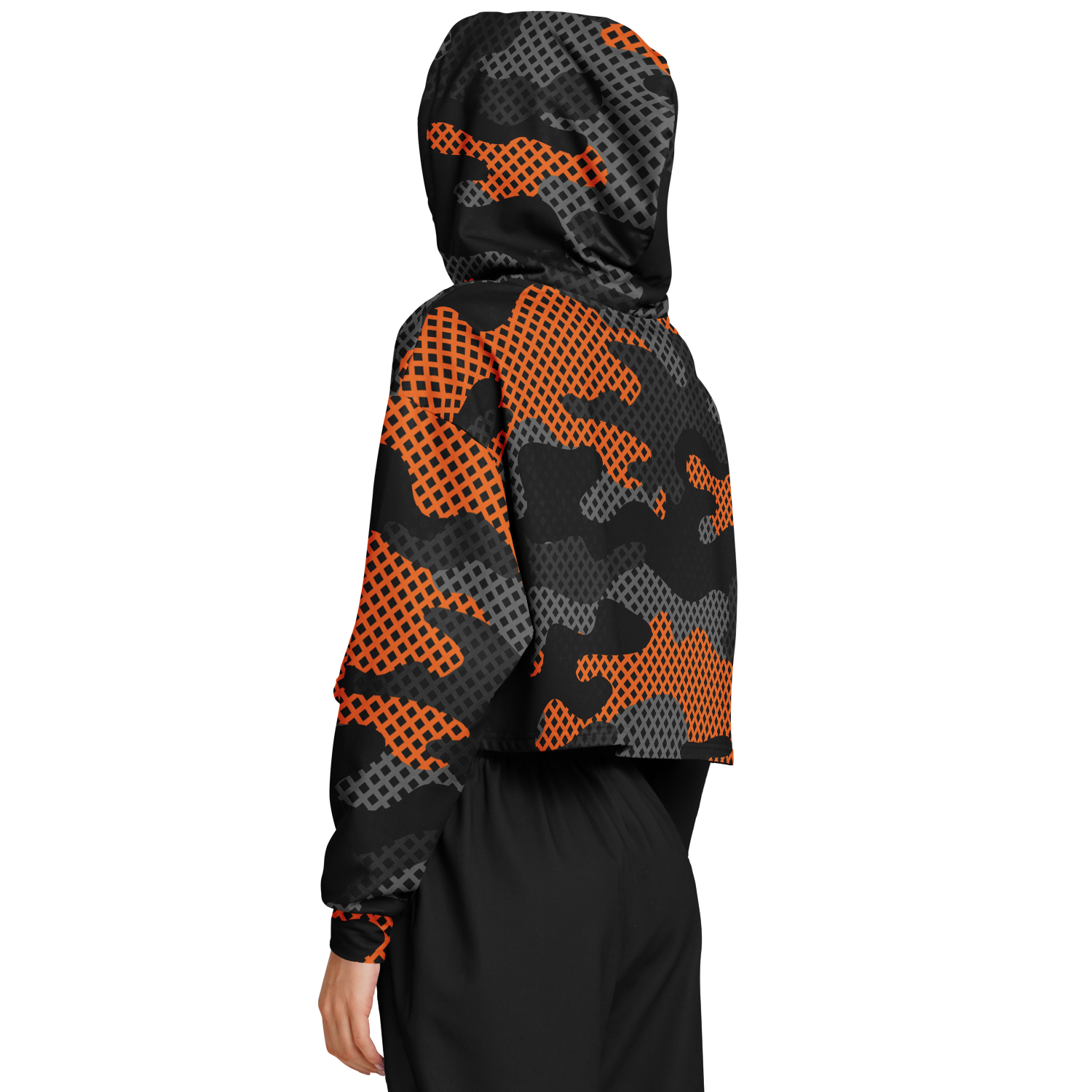 Cropped Hoodie For Women | Black & Orange Pixel Camo