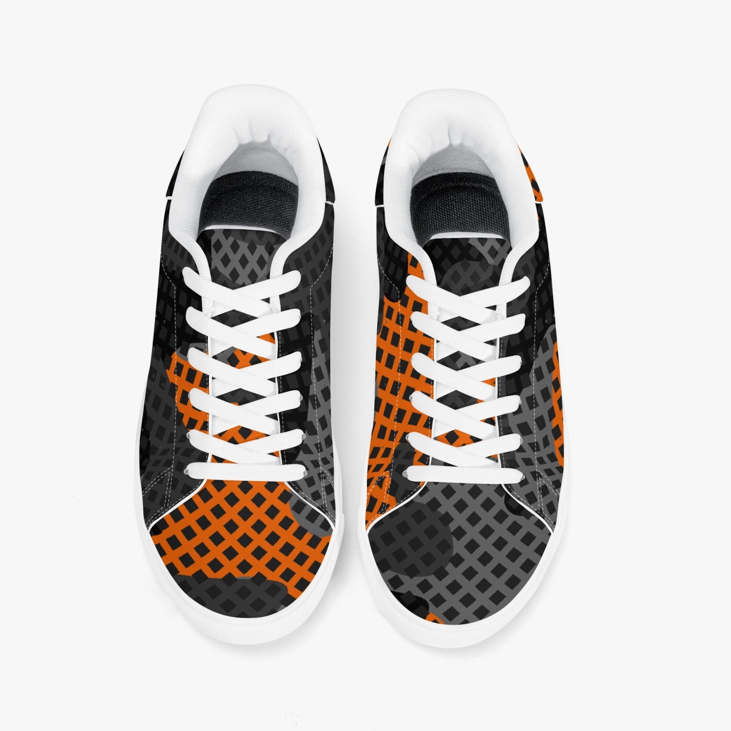 Camo Sneakers | Classic Low-Top Leather | Orange & Black Pixel