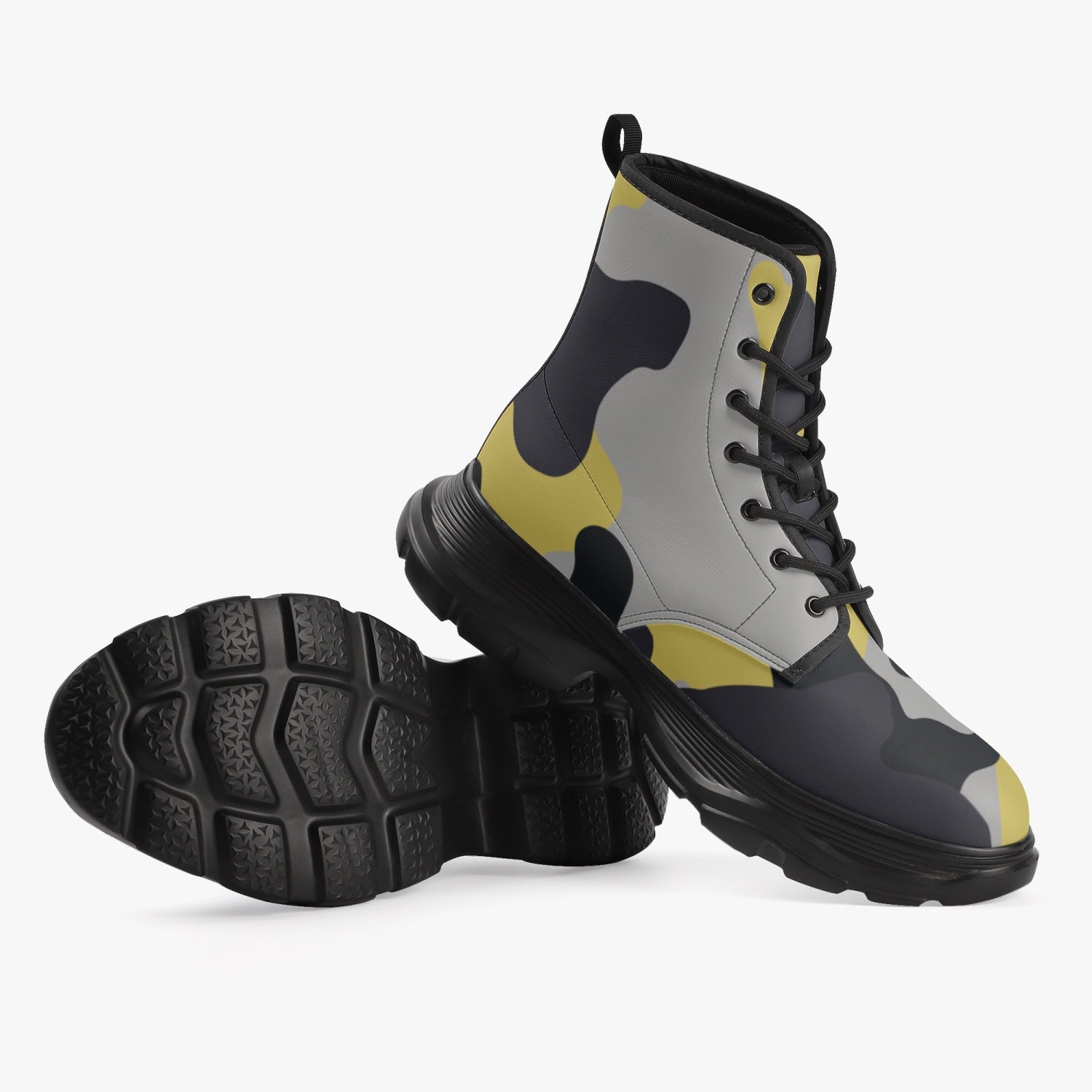 Chunky Boots | Leather in Yellow, Black & Silver Camouflage