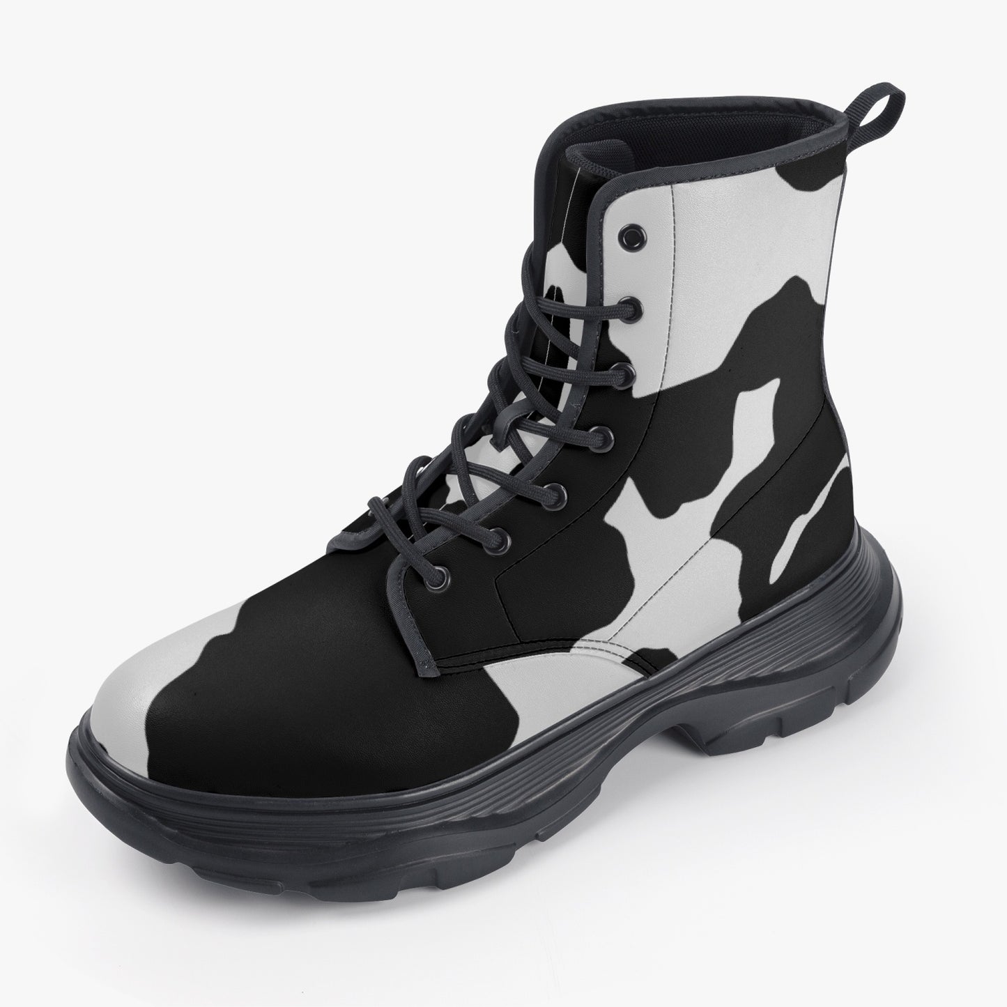 Chunky Boots | Leather in Black & White Cow Print Camouflage