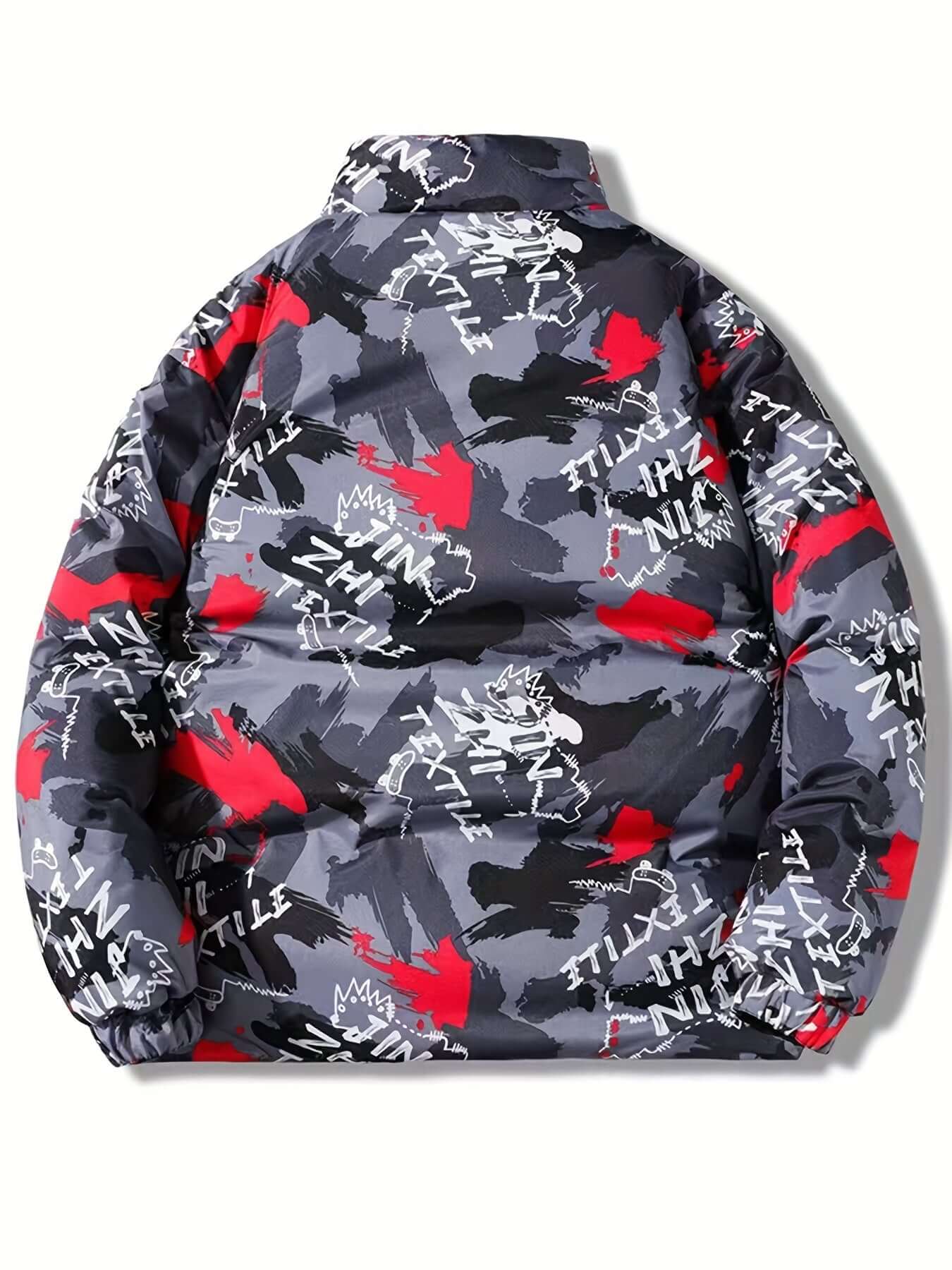 Reversible Camo Puffer Jacket for Men with Stand Collar and Zip Detail