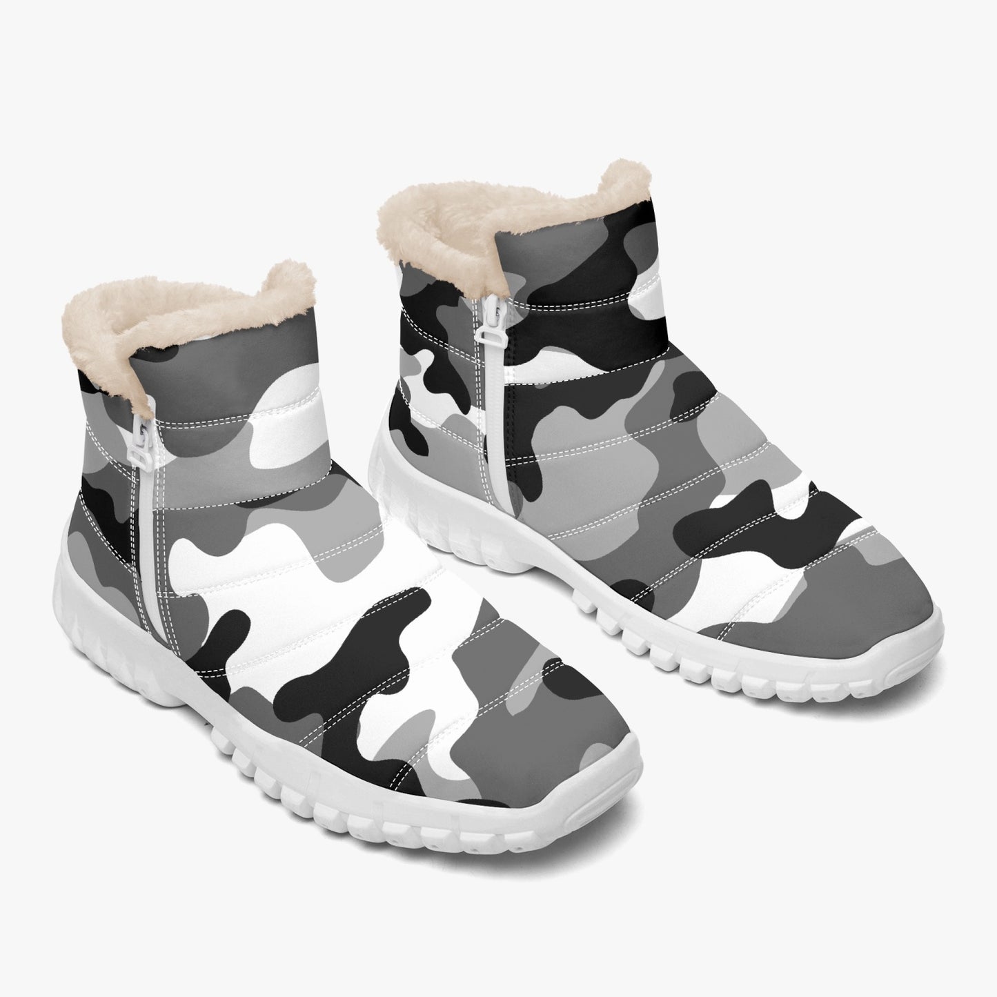 Camo Boots | Cotton-pad Fur Zipper Up | Gray, Black & White