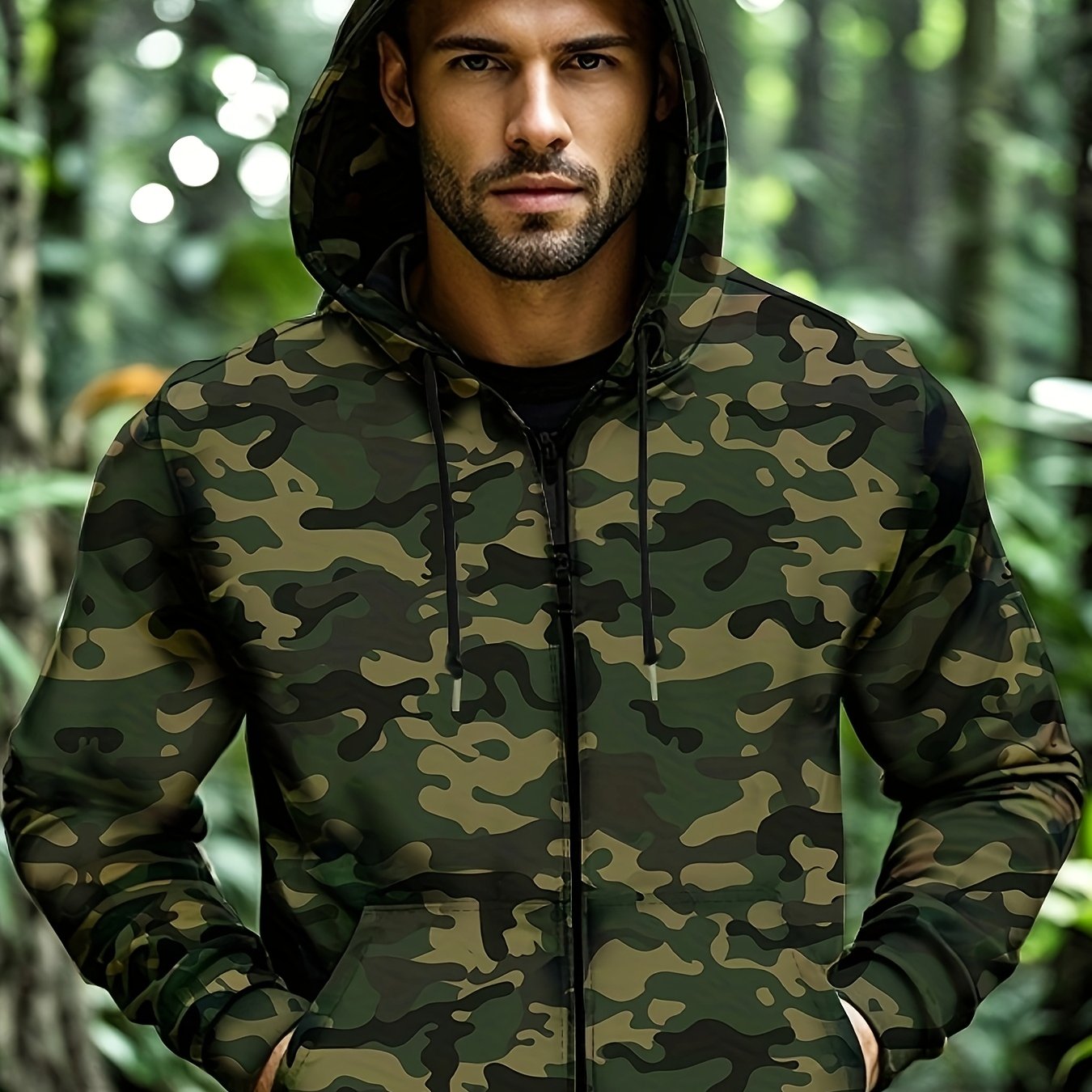 Men's Camo Softshell Hoodie: Zip-Up, Kangaroo Pockets, Sports Style