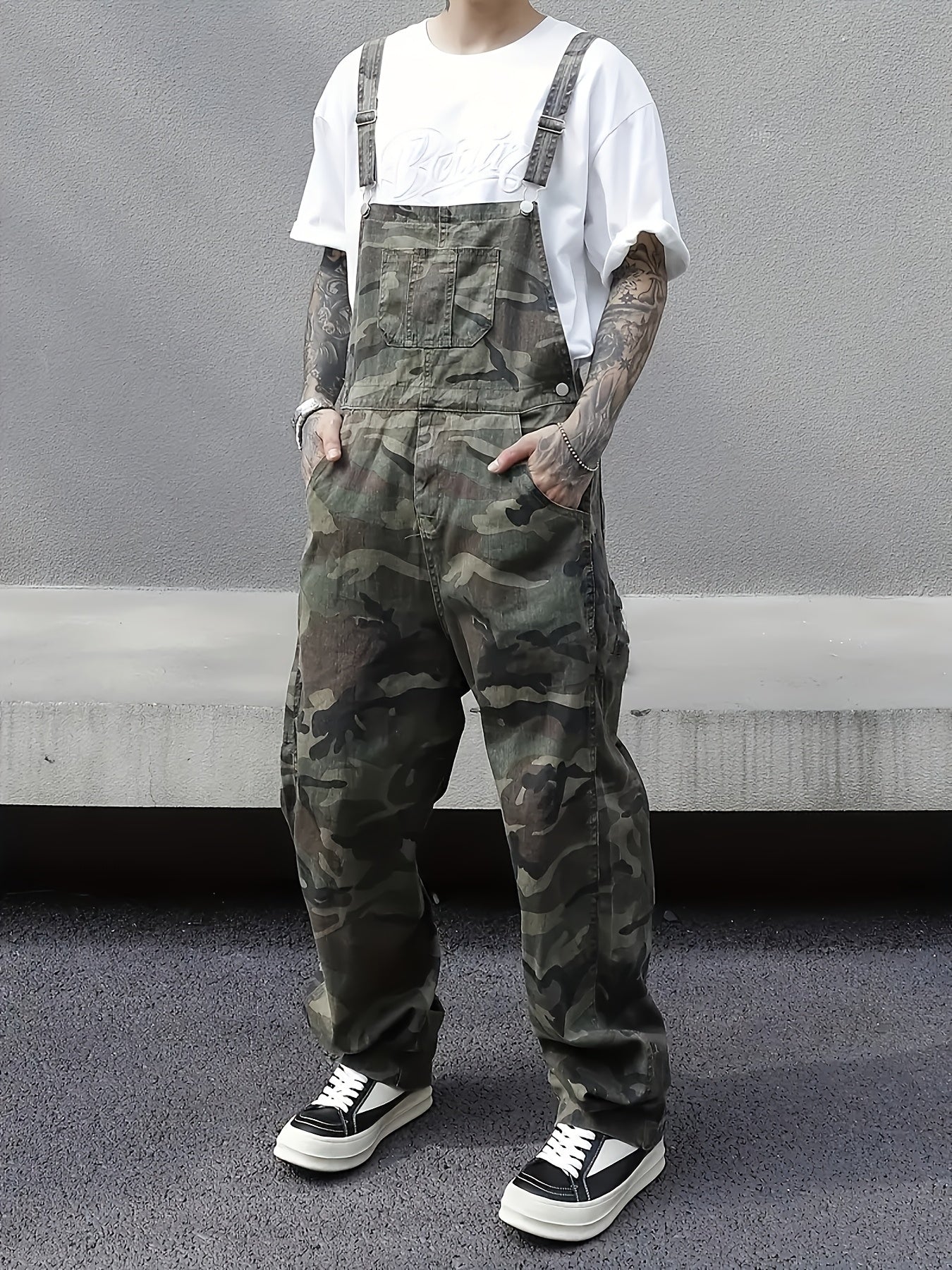 Camo Cargo Denim Overalls for Men | 100% Cotton, Loose Fit