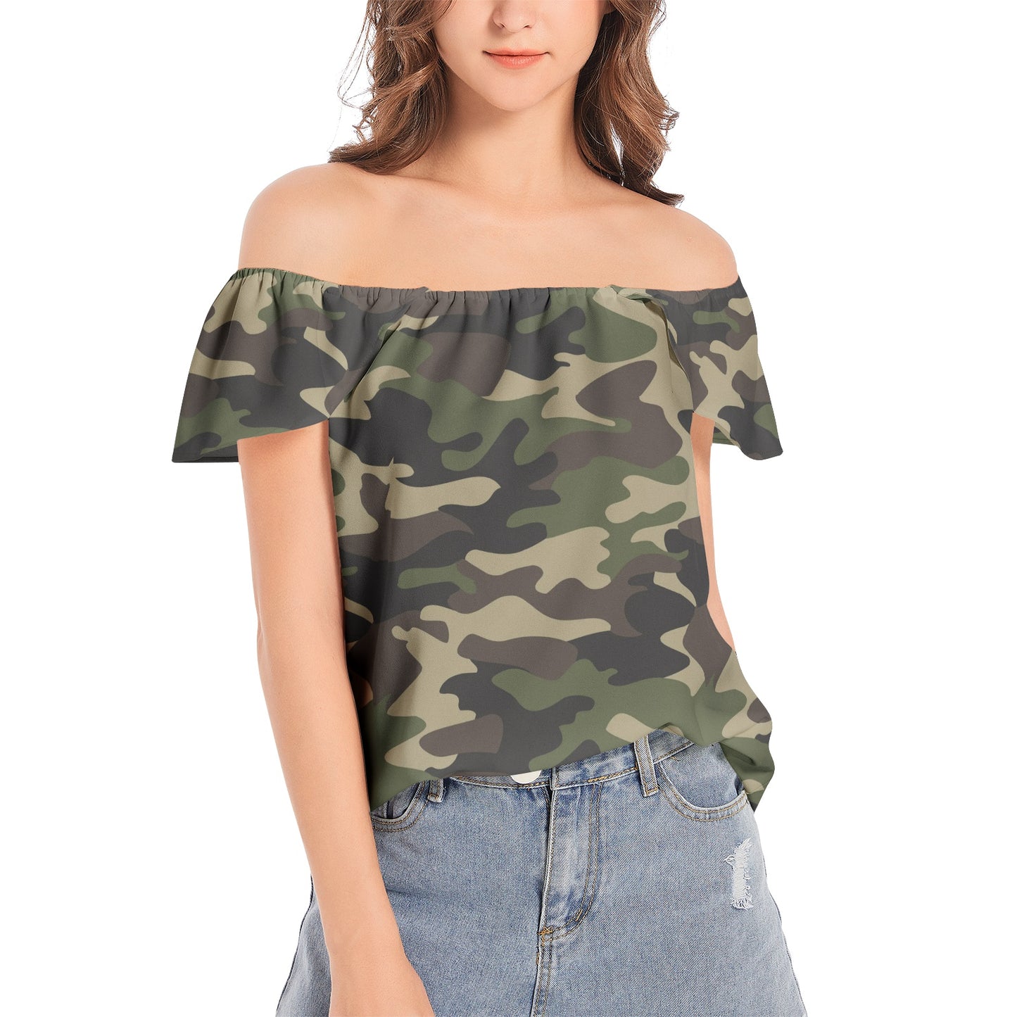 Off The Shoulder Camo Top | Classic Green Camouflage