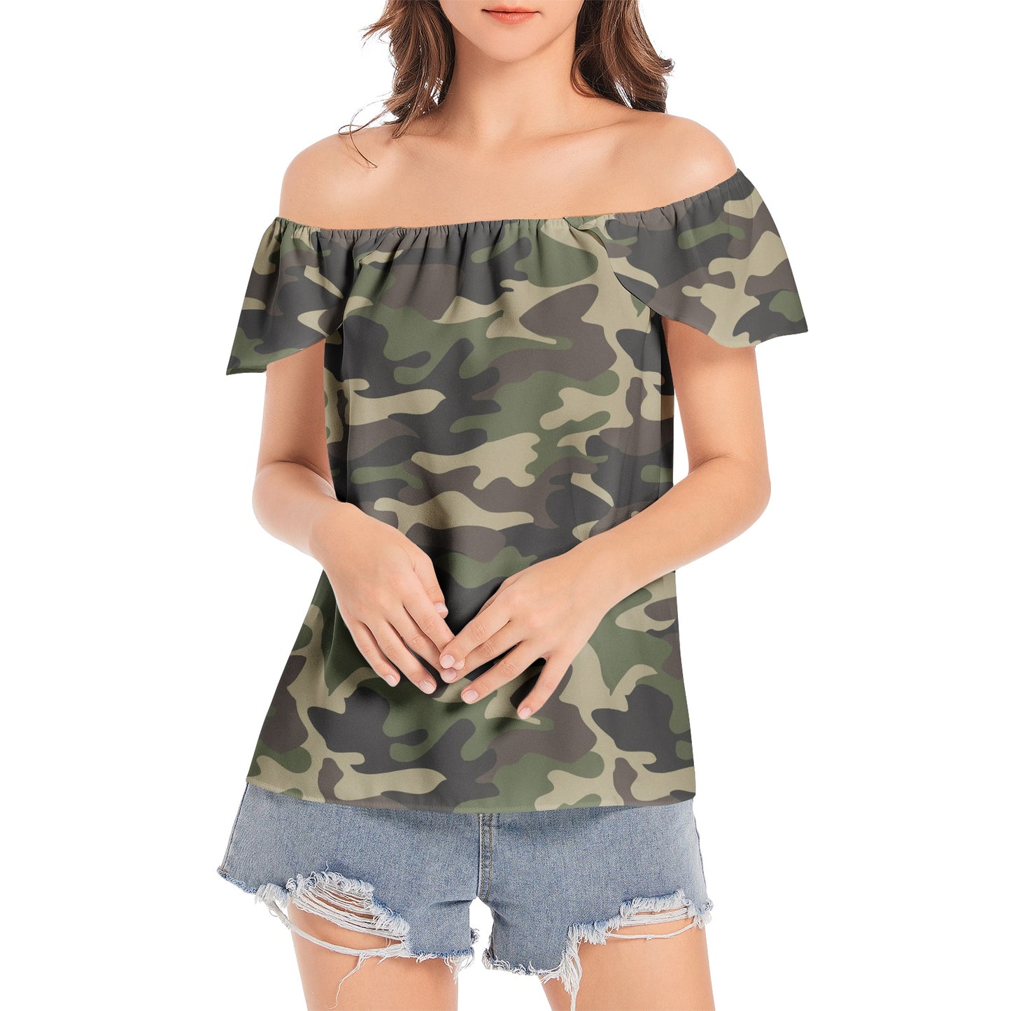 Off The Shoulder Camo Top | Classic Green Camouflage