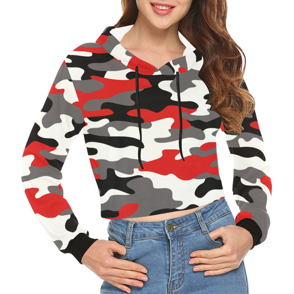 Cropped Camo Hoodie | Tight Fit | Red, Black, and White Camouflage