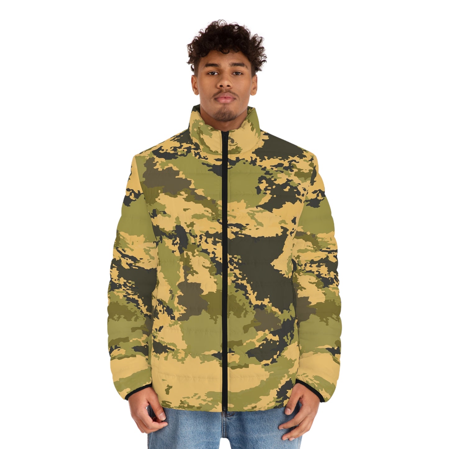 Puffer Jacket For Men | Green Watercolor Desert Camouflage